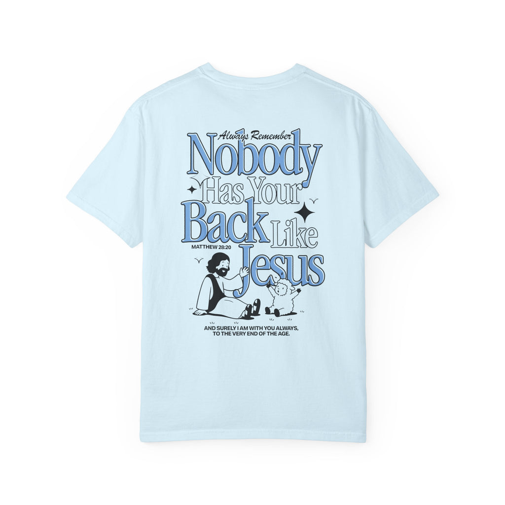 Back view of the Nobody Has Your Back Like Jesus Christian Chambrey t-shirt from Divinely Good, faith-based apparel with bold graphic print.