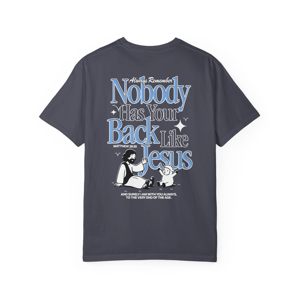 Back view of the Nobody Has Your Back Like Jesus Christian t-shirt Navy from Divinely Good, faith-based apparel with bold graphic print. 