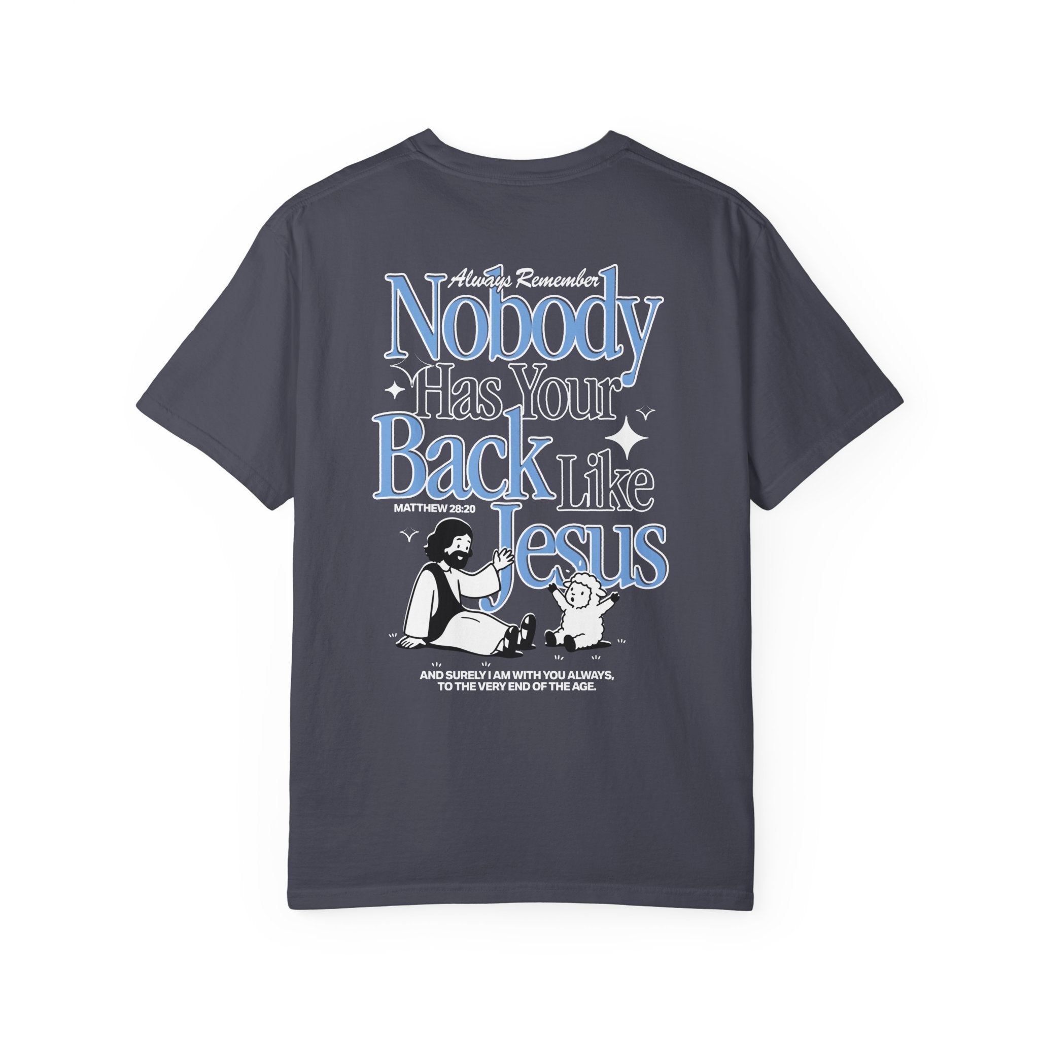 Back view of the Nobody Has Your Back Like Jesus Christian t-shirt Navy from Divinely Good, faith-based apparel with bold graphic print. 