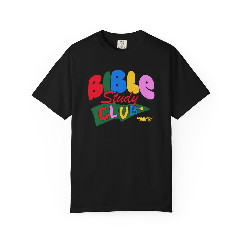 Bible Study Club Black T-shirt Front View Divinely Good Christian Faith Based Apparel 