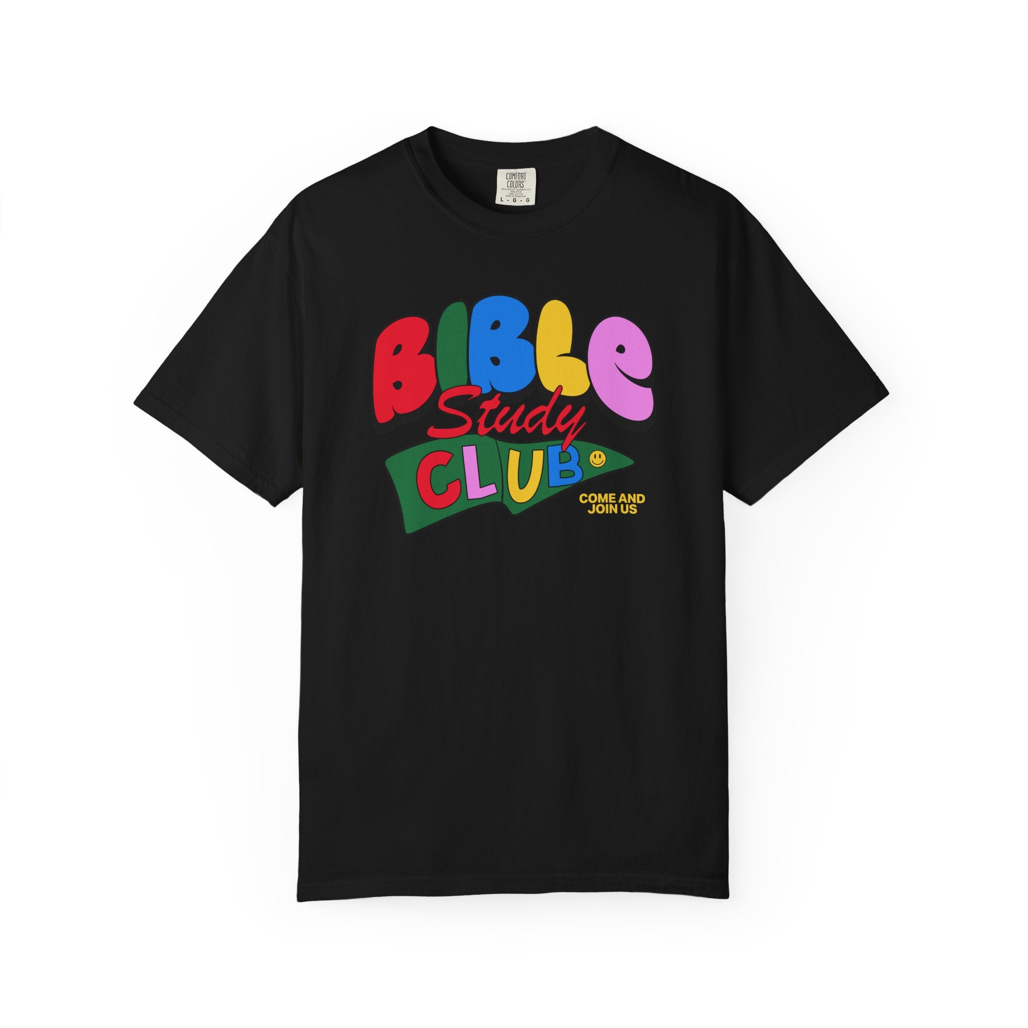 Bible Study Club Black T-shirt Front View Divinely Good Christian Faith Based Apparel 