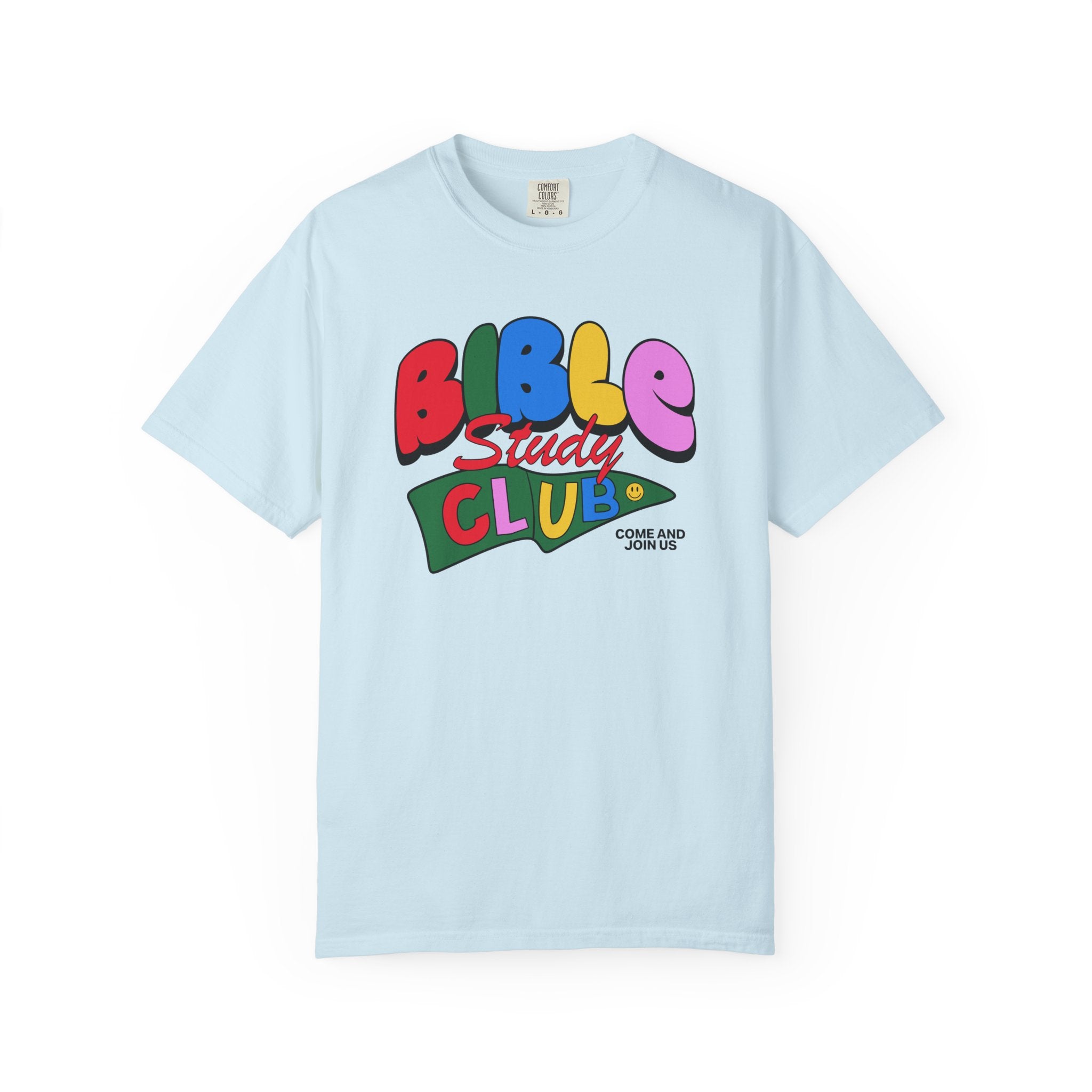 Bible Study Club Chambray T-shirt Front View Divinely Good Christian Faith Based Apparel 
