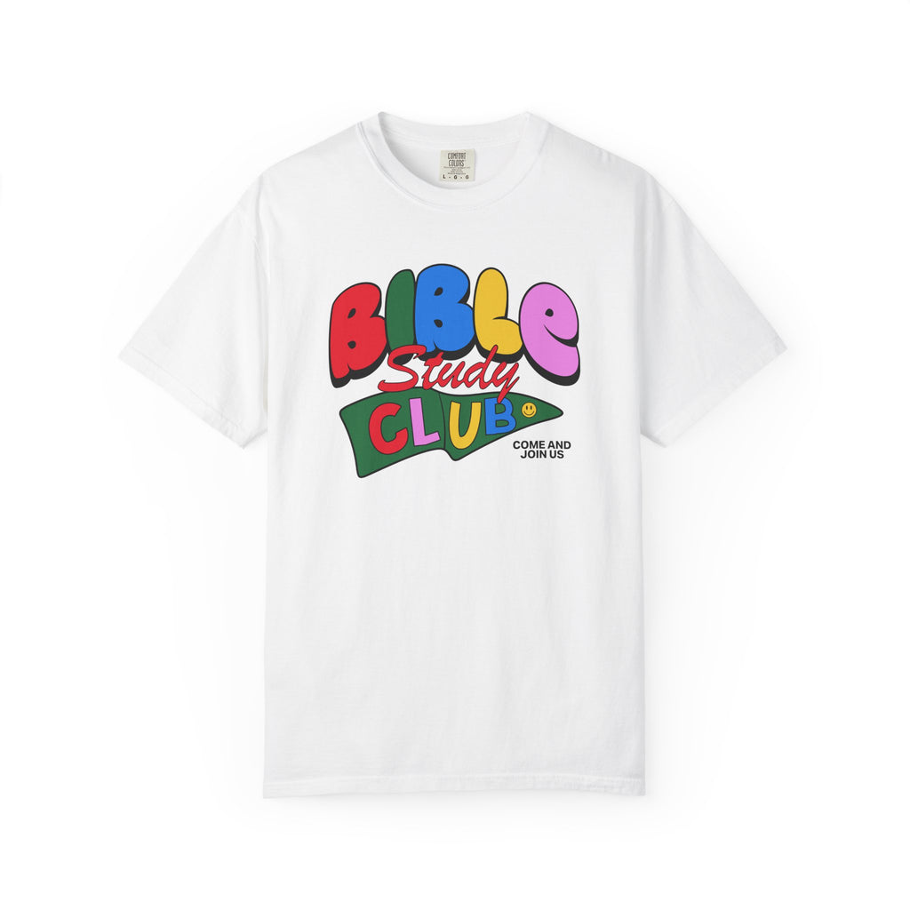 Bible Study Club White T-shirt Front View Divinely Good Christian Faith Based Apparel 
