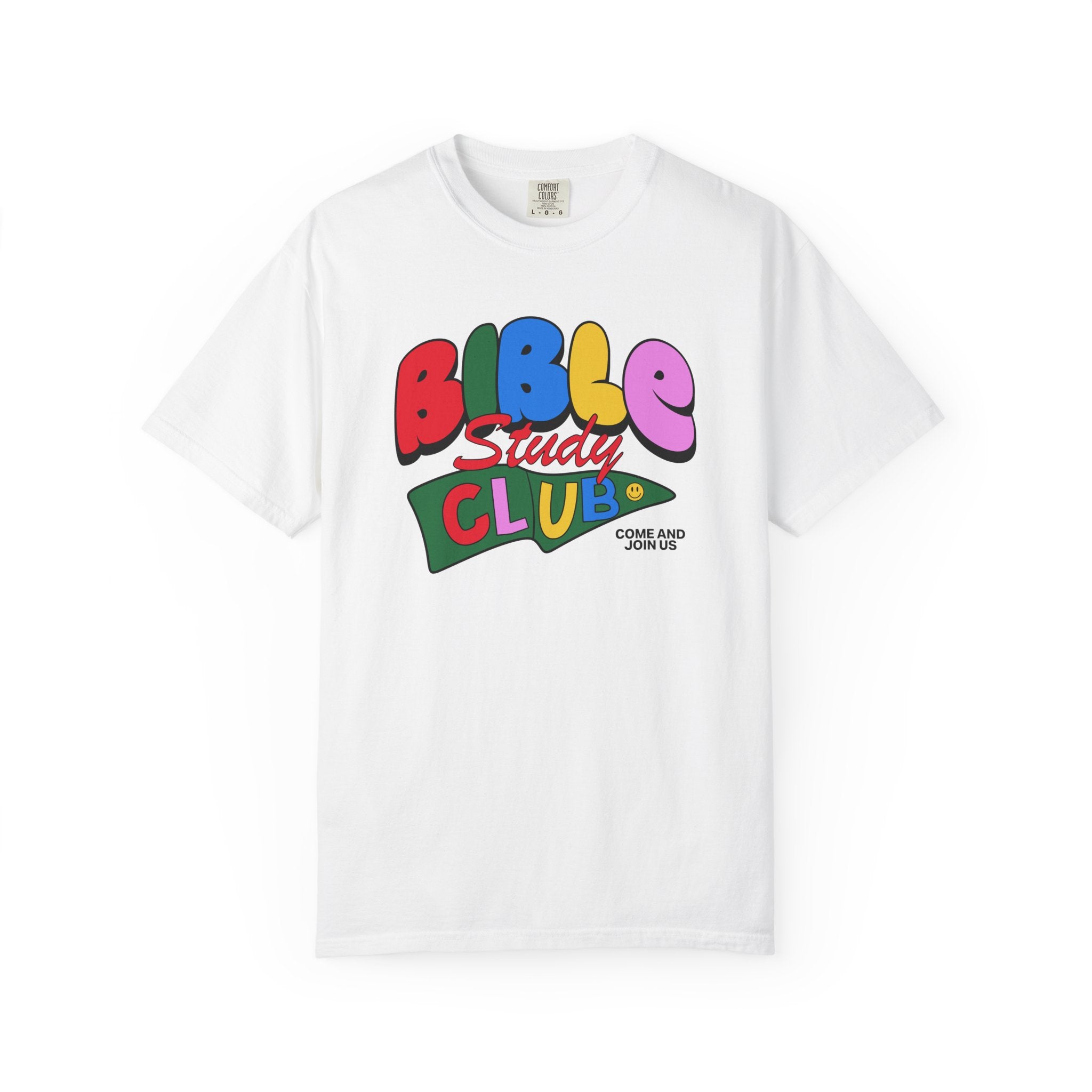 Bible Study Club White T-shirt Front View Divinely Good Christian Faith Based Apparel 