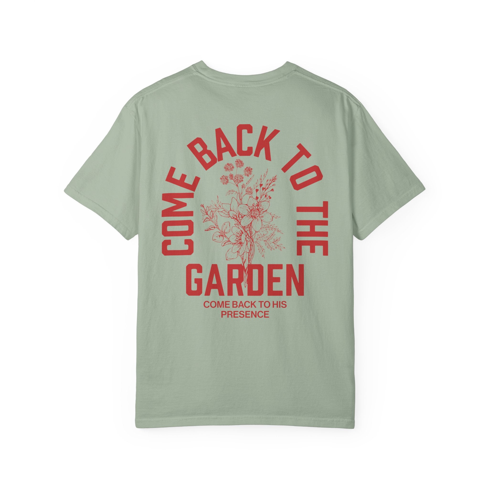 Come Back To The Garden Unisex Bay T-shirt Back View Divinely Good Christian Faith Based Apparel 