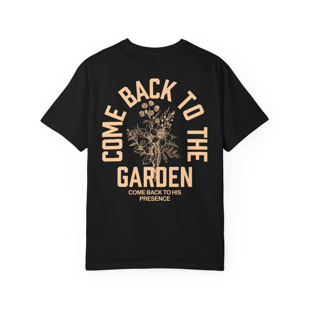 Come Back To The Garden Unisex Black T-shirt Back View Divinely Good Christian Faith Based Apparel  