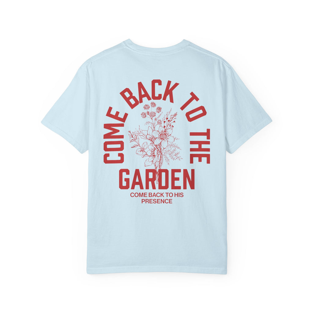 Come Back To The Garden Unisex Chambray T-shirt Back View Divinely Good Christian Faith Based Apparel 