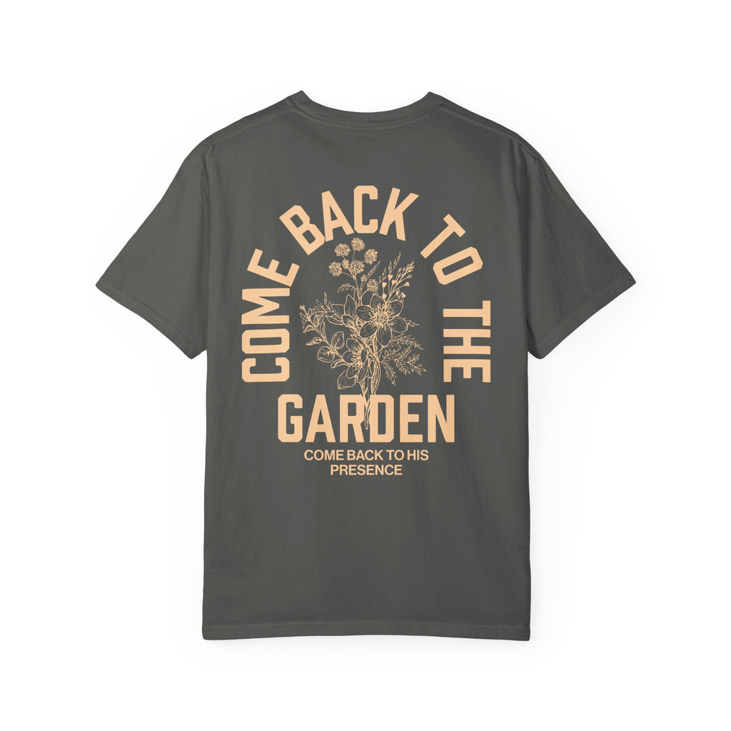 Come Back To The Garden Unisex Pepper T-shirt Back View Divinely Good Christian Faith Based Apparel 