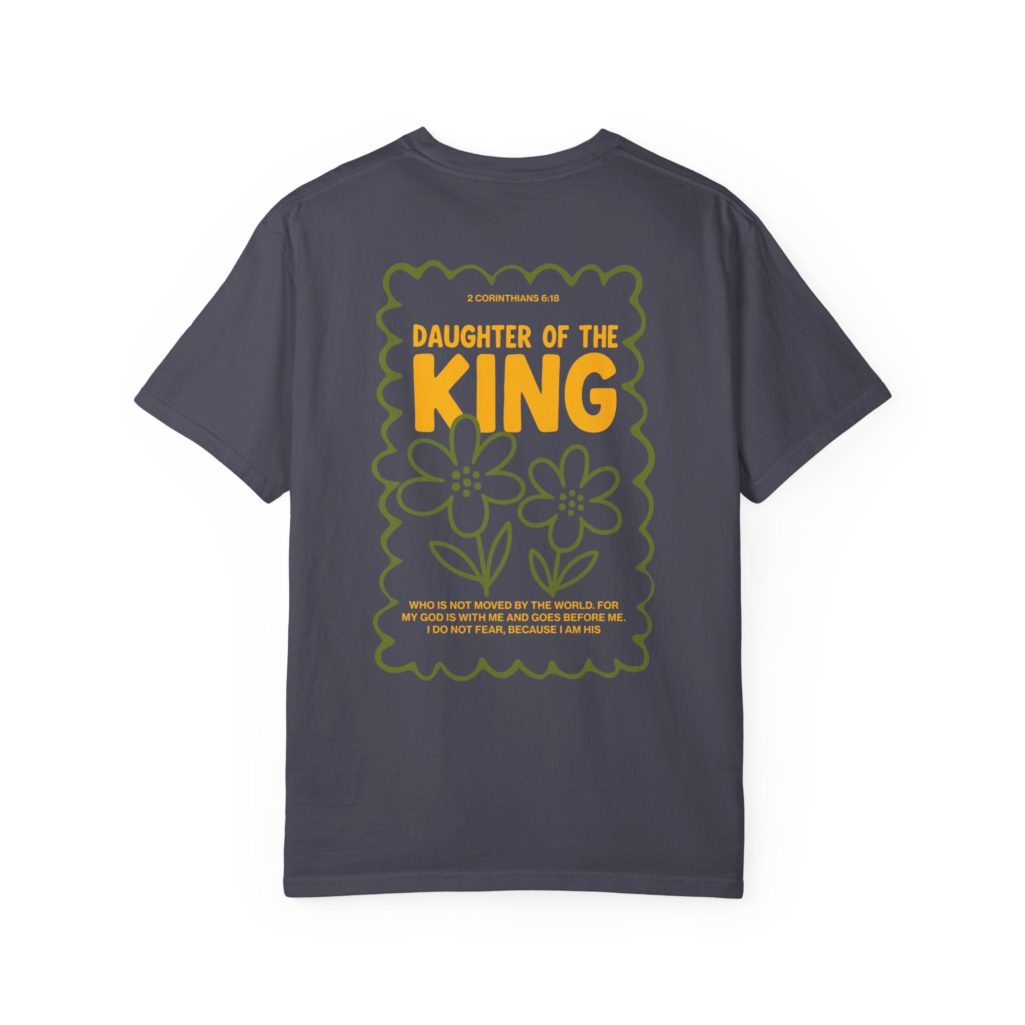 Daughter of the King Christian t-shirt for women Navy Color faith-based apparel from Divinely Good 
