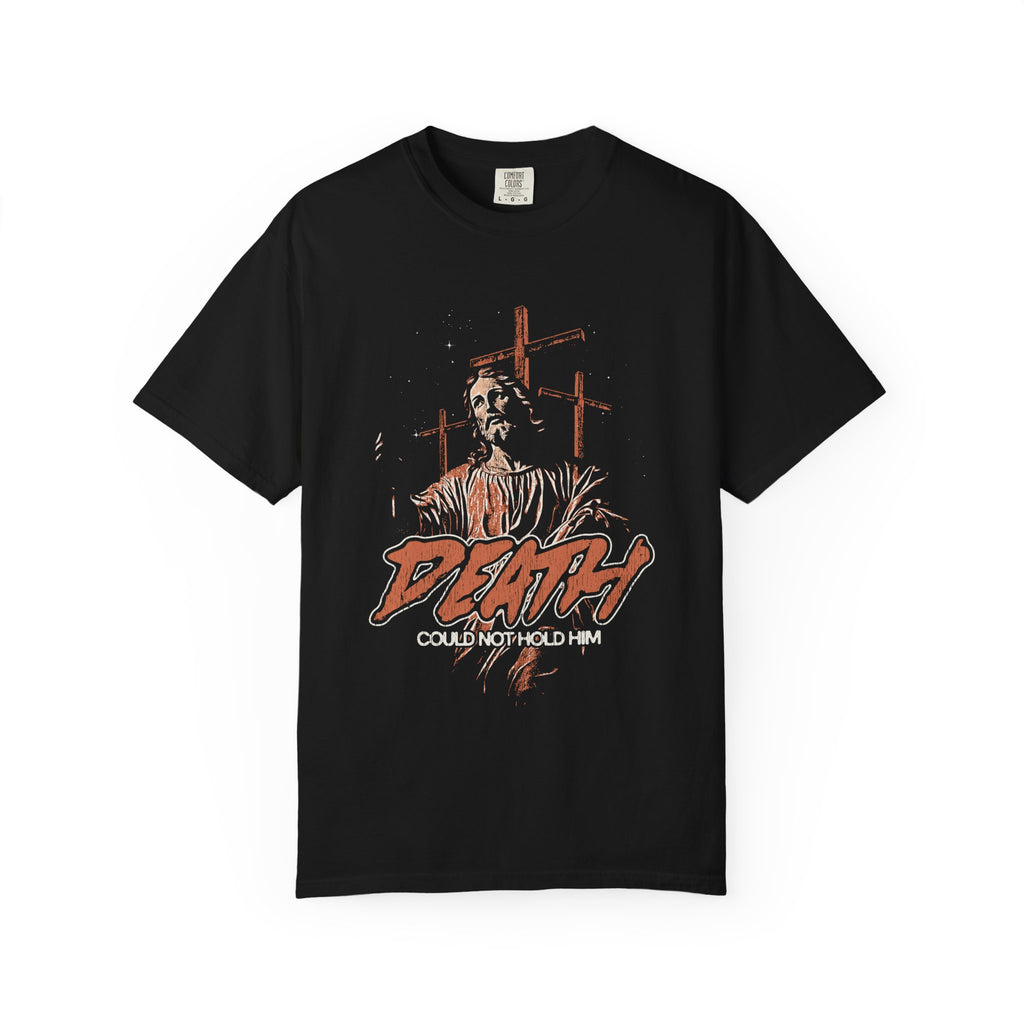 Death Could Not Hold Him Unisex Black T-shirt  Front view Divinely Good Christian Faith Based Apparel