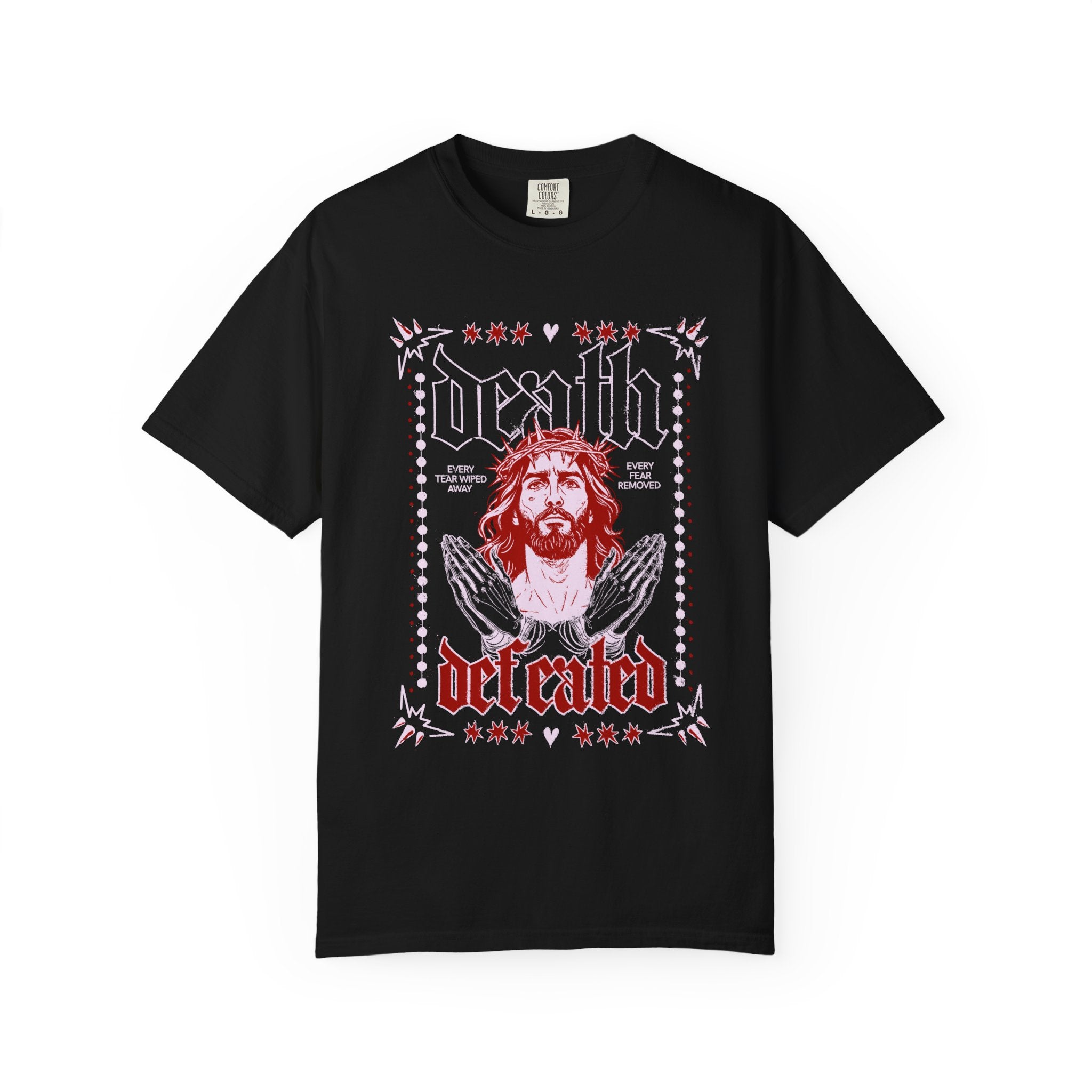 Death Defeated Unisex Black T-shit Front View Divinely Good Christian Faith Based Apparel