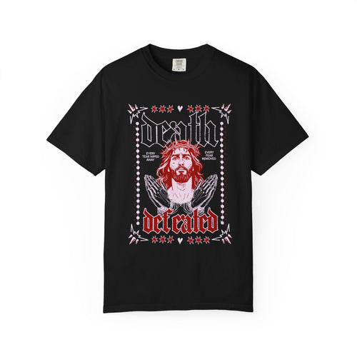 Death Defeated Unisex Black T-shit Front View Divinely Good Christian Faith Based Apparel
