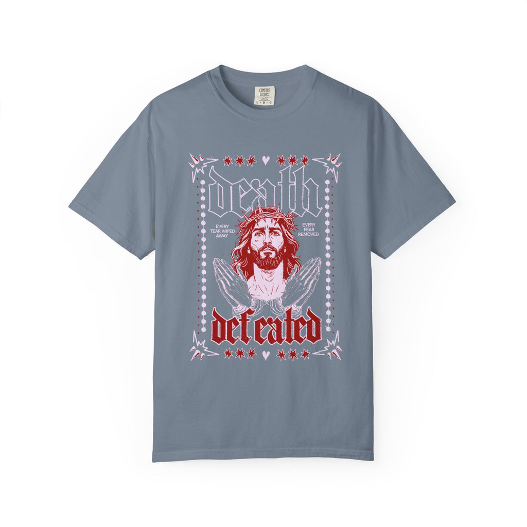Death Defeated Unisex Blue Jean T-shit Front View Divinely Good Christian Faith Based Apparel