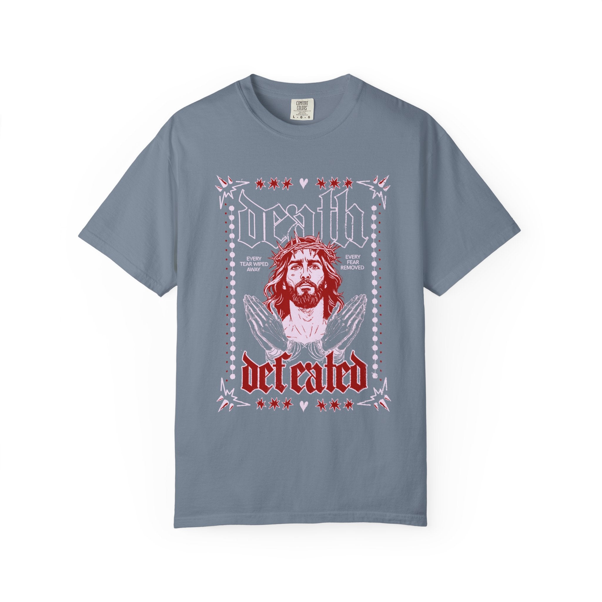 Death Defeated Unisex Blue Jean T-shit Front View Divinely Good Christian Faith Based Apparel