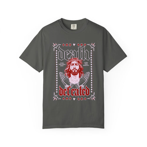 Death Defeated Unisex Gaphite T-shit Front View Divinely Good Christian Faith Based Apparel