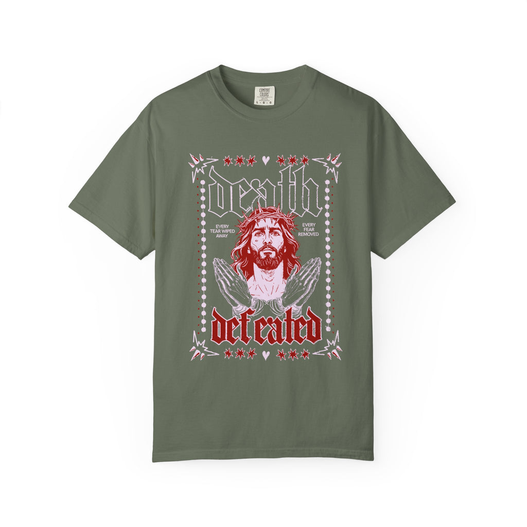 Death Defeated Unisex Moss T-shit Front View Divinely Good Christian Faith Based Apparel