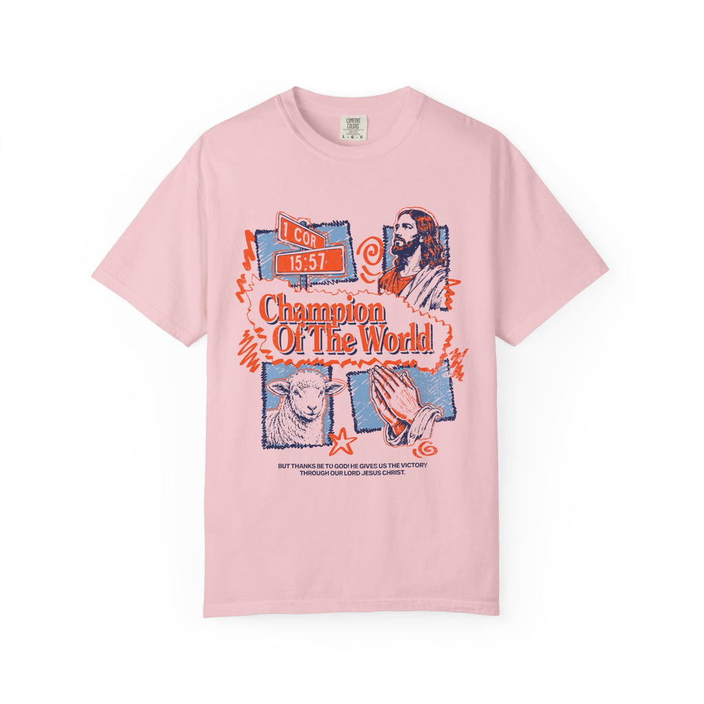 Front view of the Jesus Christ Champion Of The World Christian Christian Blossom color t-shirt from Divinely Good, faith-based apparel with bold graphic print