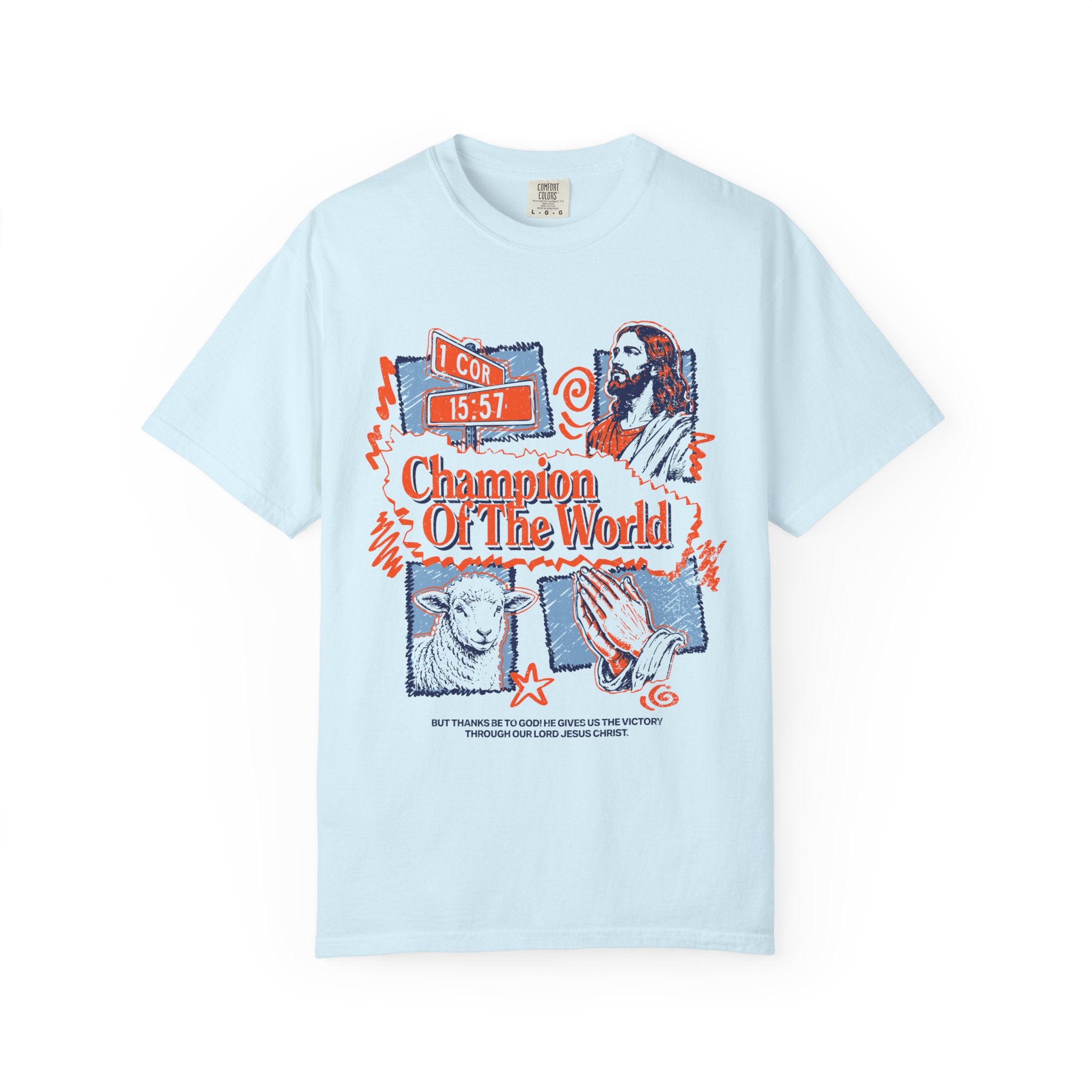 Front view of the Jesus Christ Champion Of The World Christian Christian Chambray color t-shirt from Divinely Good, faith-based apparel with bold graphic print