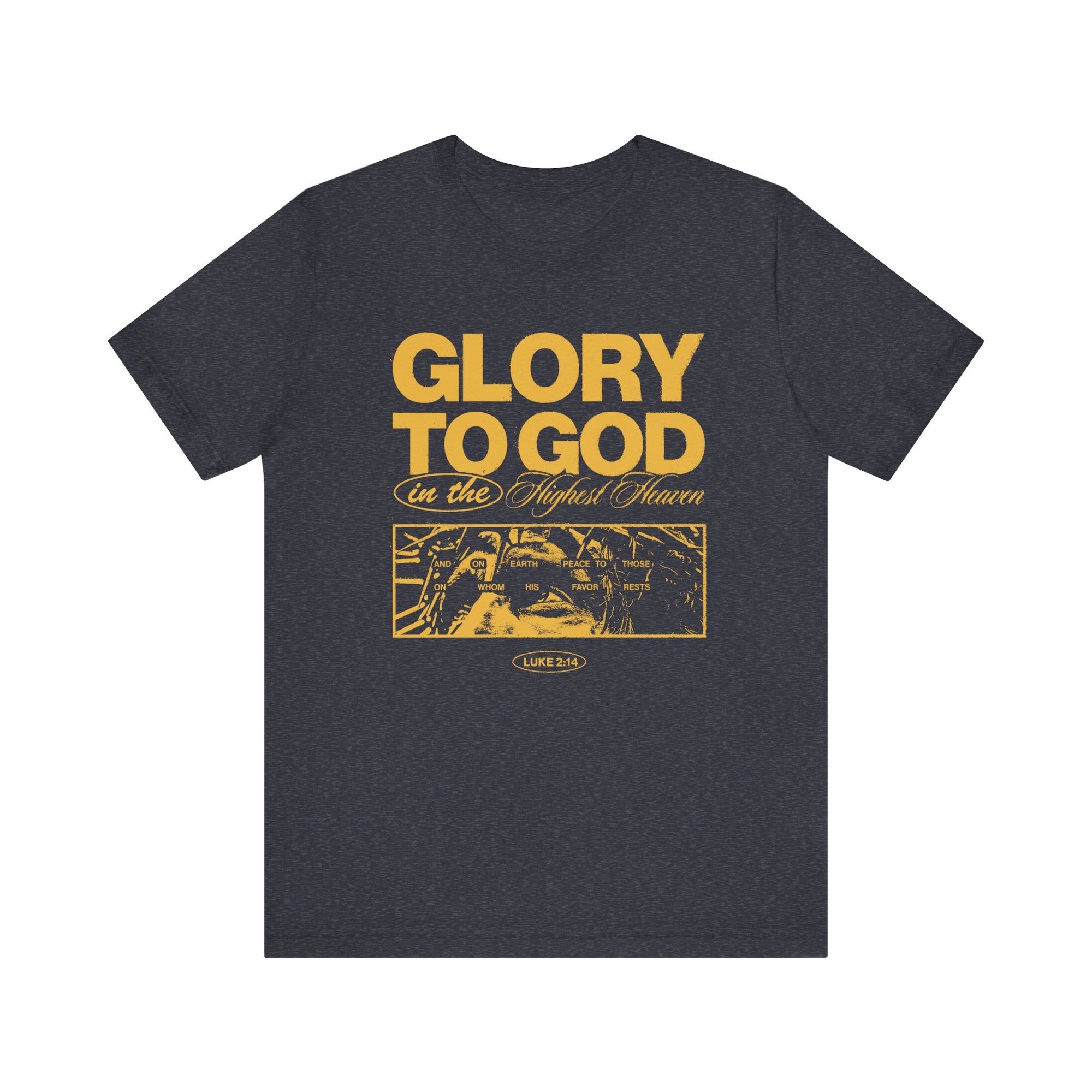Glory To God Christian T-Shirt Heather Navy  – Faith Apparel Front View
