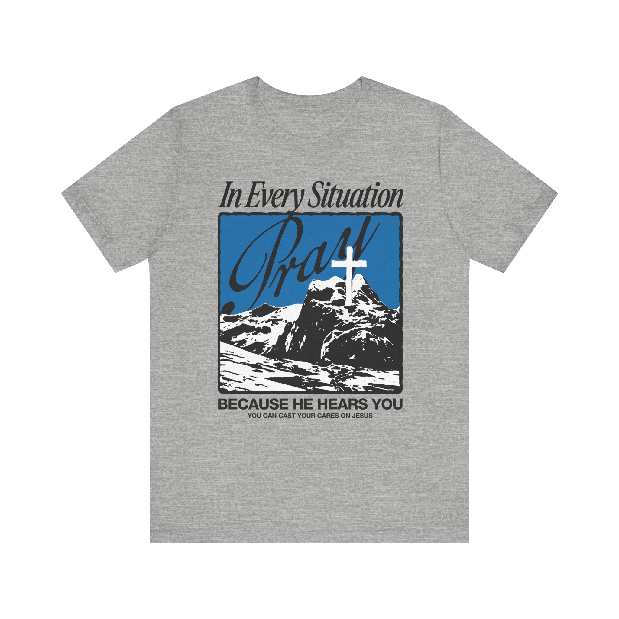 In Every Situation Pray Athletic Heather T-shirt Front View Divinely Good Christian Clothing 
