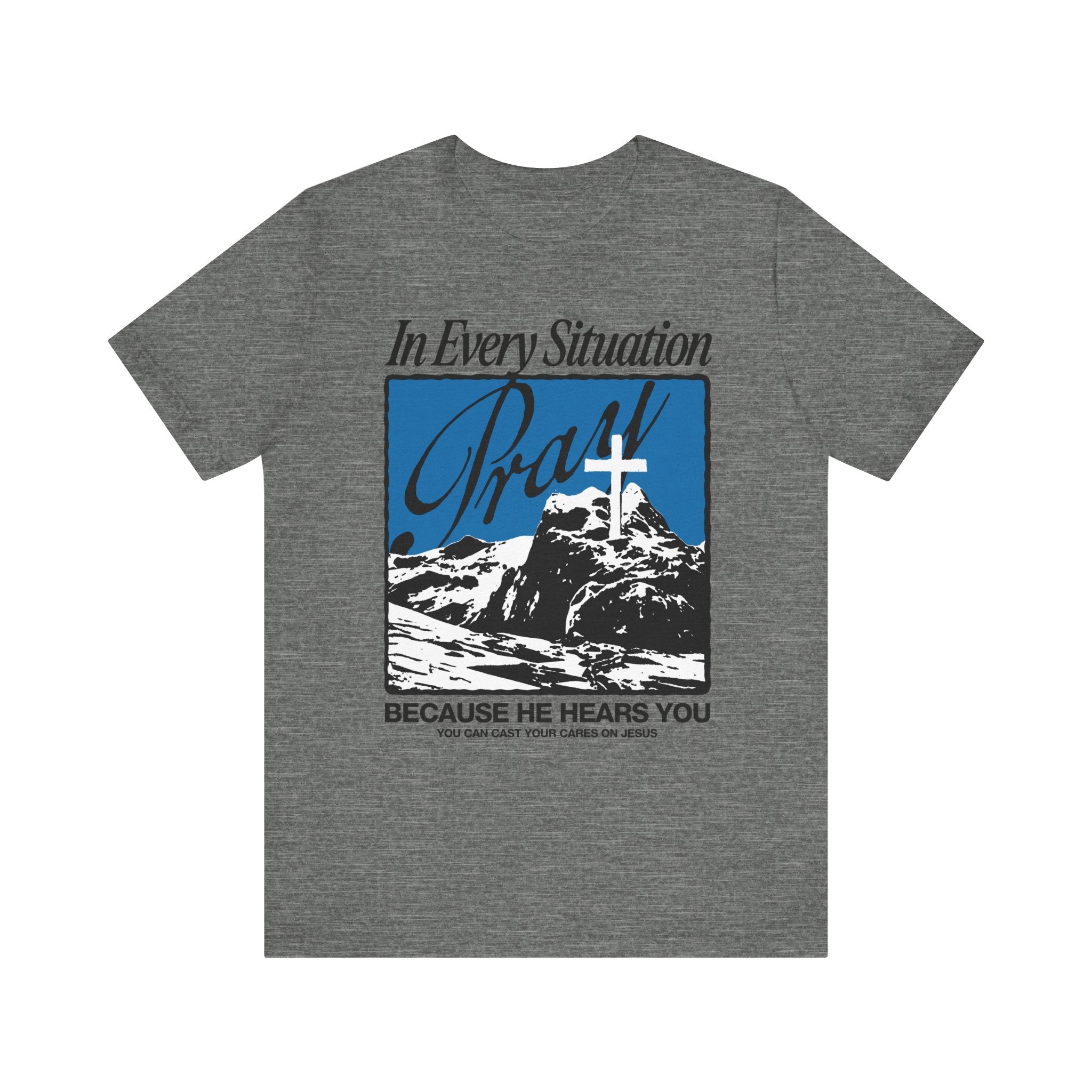 In Every Situation Pray Deep Heather T-shirt Front View Divinely Good Christian Clothing 