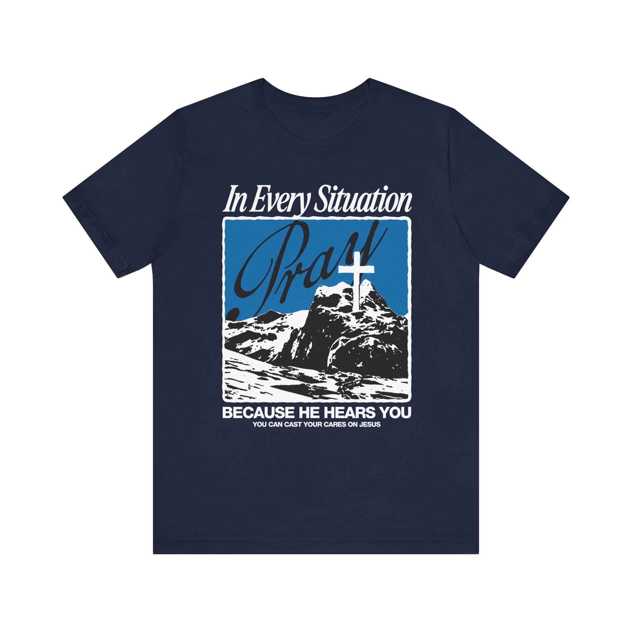 In Every Situation Pray Navy T-shirt Front View Divinely Good Christian Clothing 