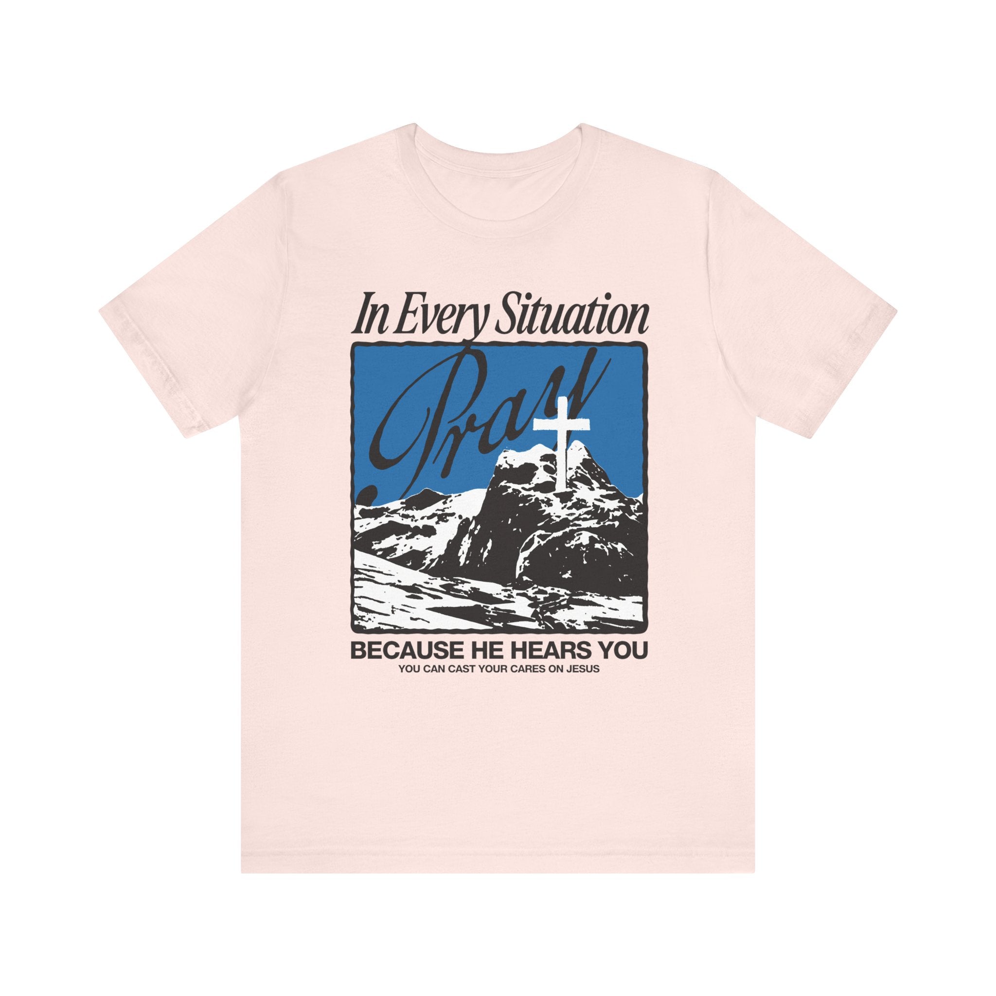 In Every Situation Pray Soft Pink T-shirt Front View Divinely Good Christian Clothing 