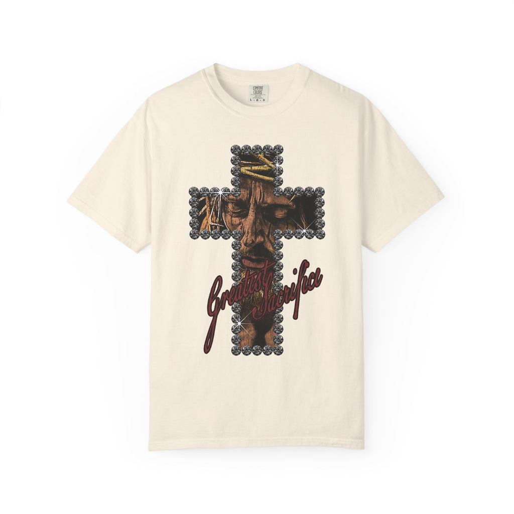 Jesus: Greatest Sacrifice Ivory T-shirt Front View Divinely Good Christian Faith Based Apparel