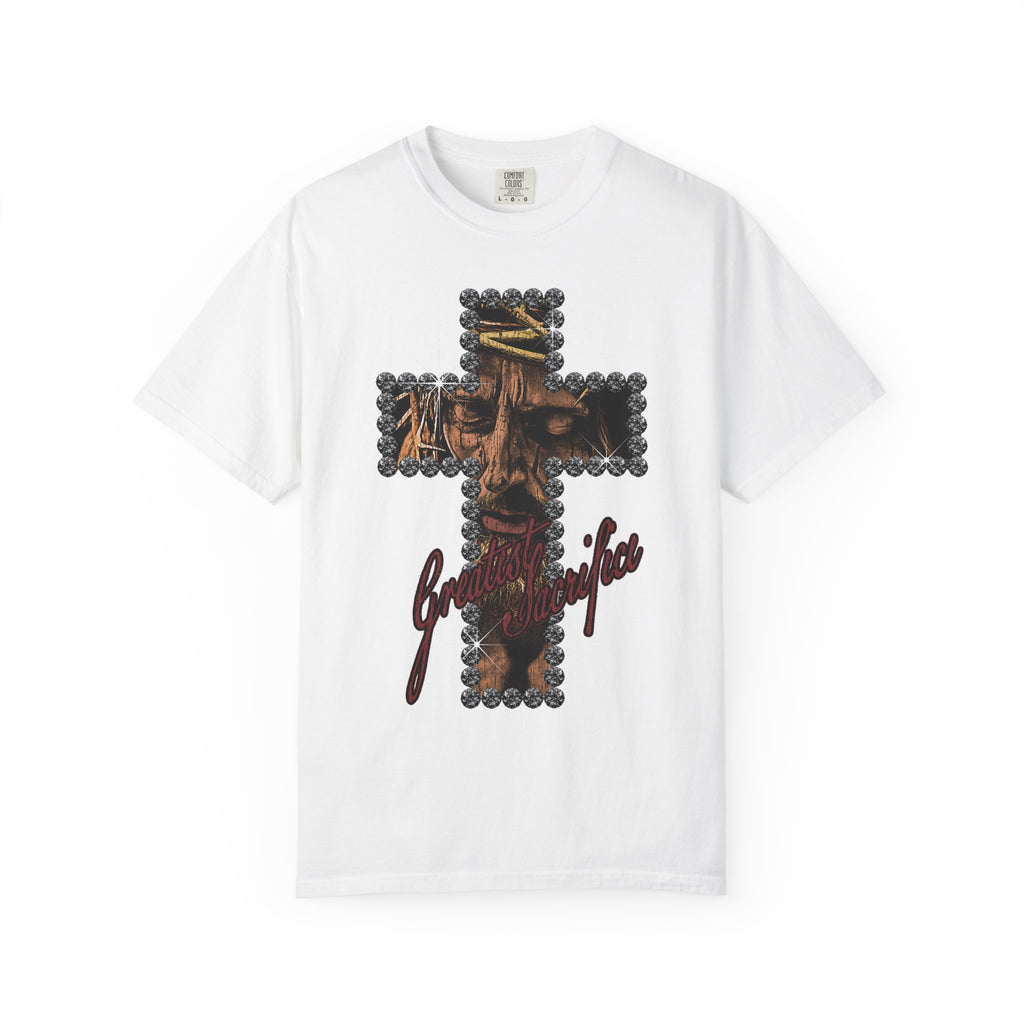 Jesus: Greatest Sacrifice White T-shirt Front View Divinely Good Christian Faith Based Apparel