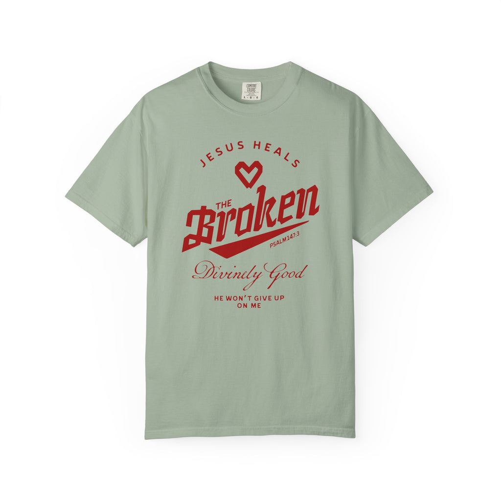 Jesus Heals The Broken Psalm 147:3 Unisex  Bay T-shirt Front View Divinely Good Christian Apparel