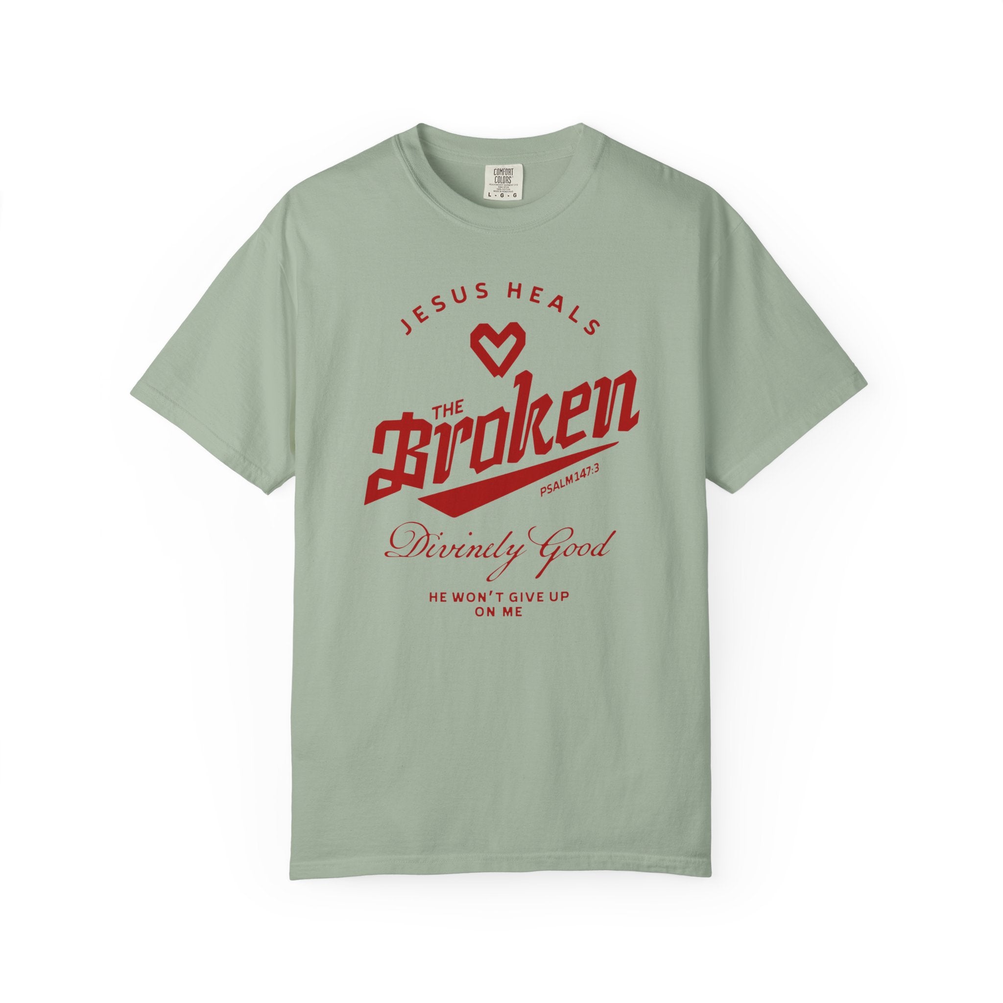 Jesus Heals The Broken Psalm 147:3 Unisex  Bay T-shirt Front View Divinely Good Christian Apparel
