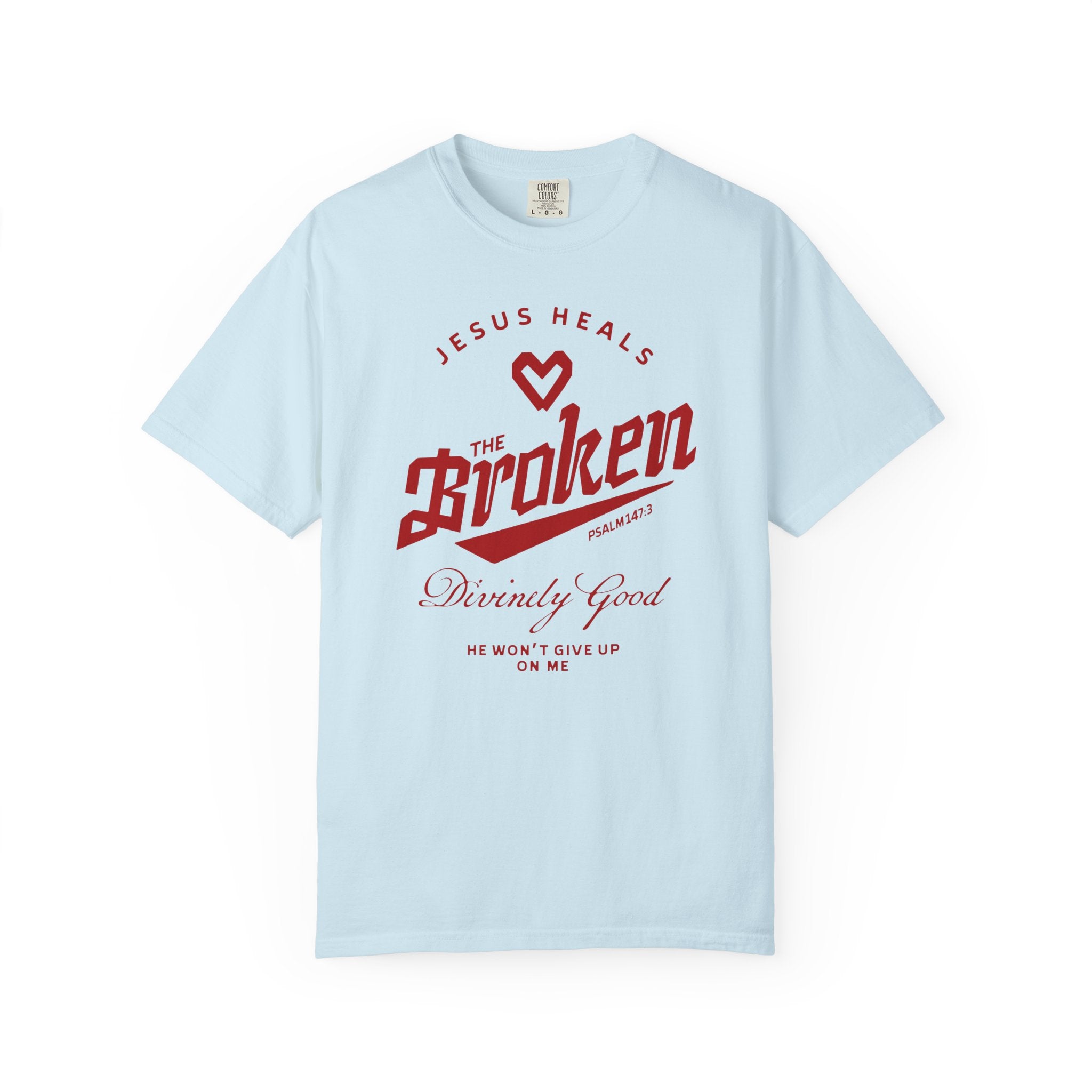 Jesus Heals The Broken Psalm 147:3 Unisex  Chambray T-shirt Front View Divinely Good Christian Apparel 