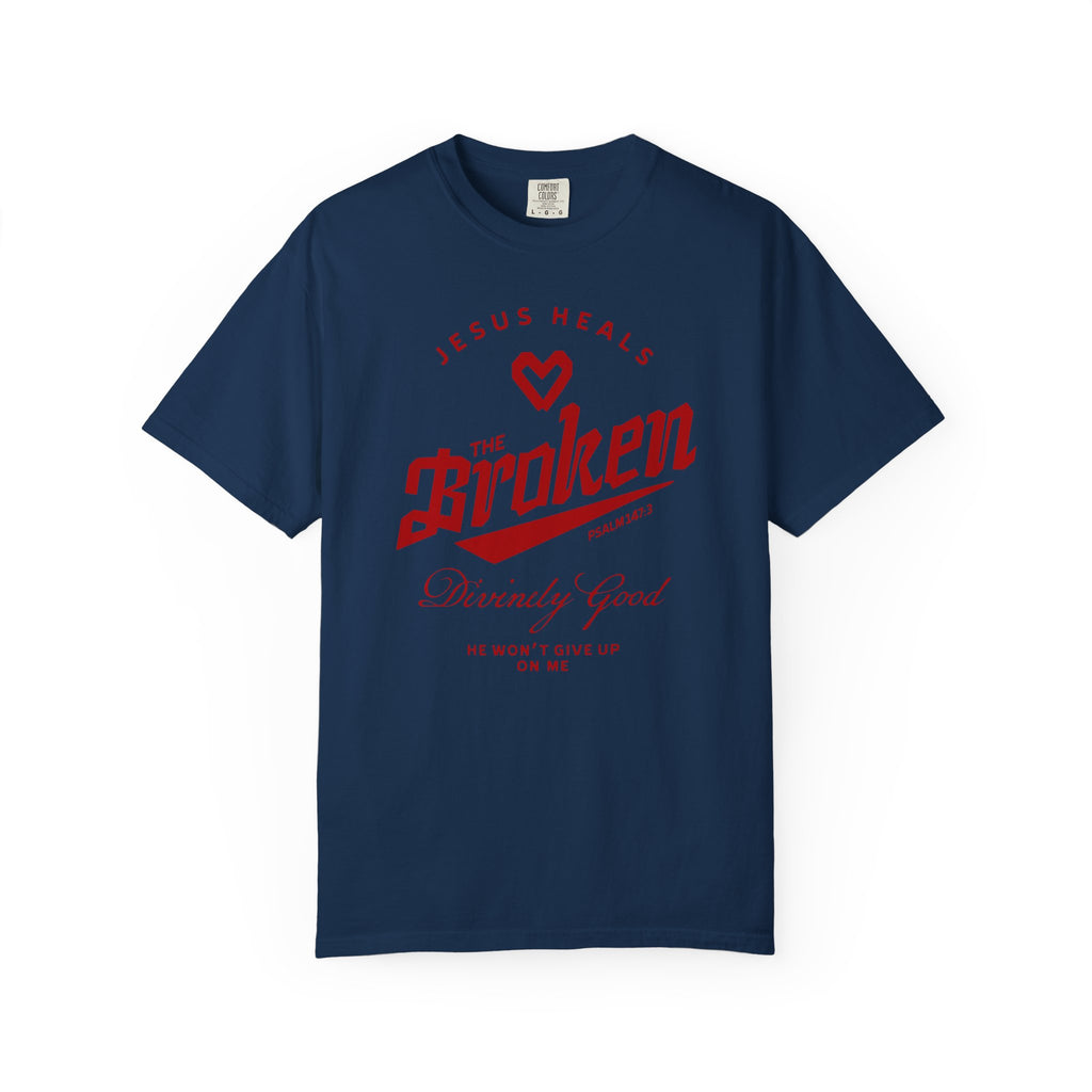 Jesus Heals The Broken Psalm 147:3 Unisex  Navy T-shirt Front View Divinely Good Christian Apparel  