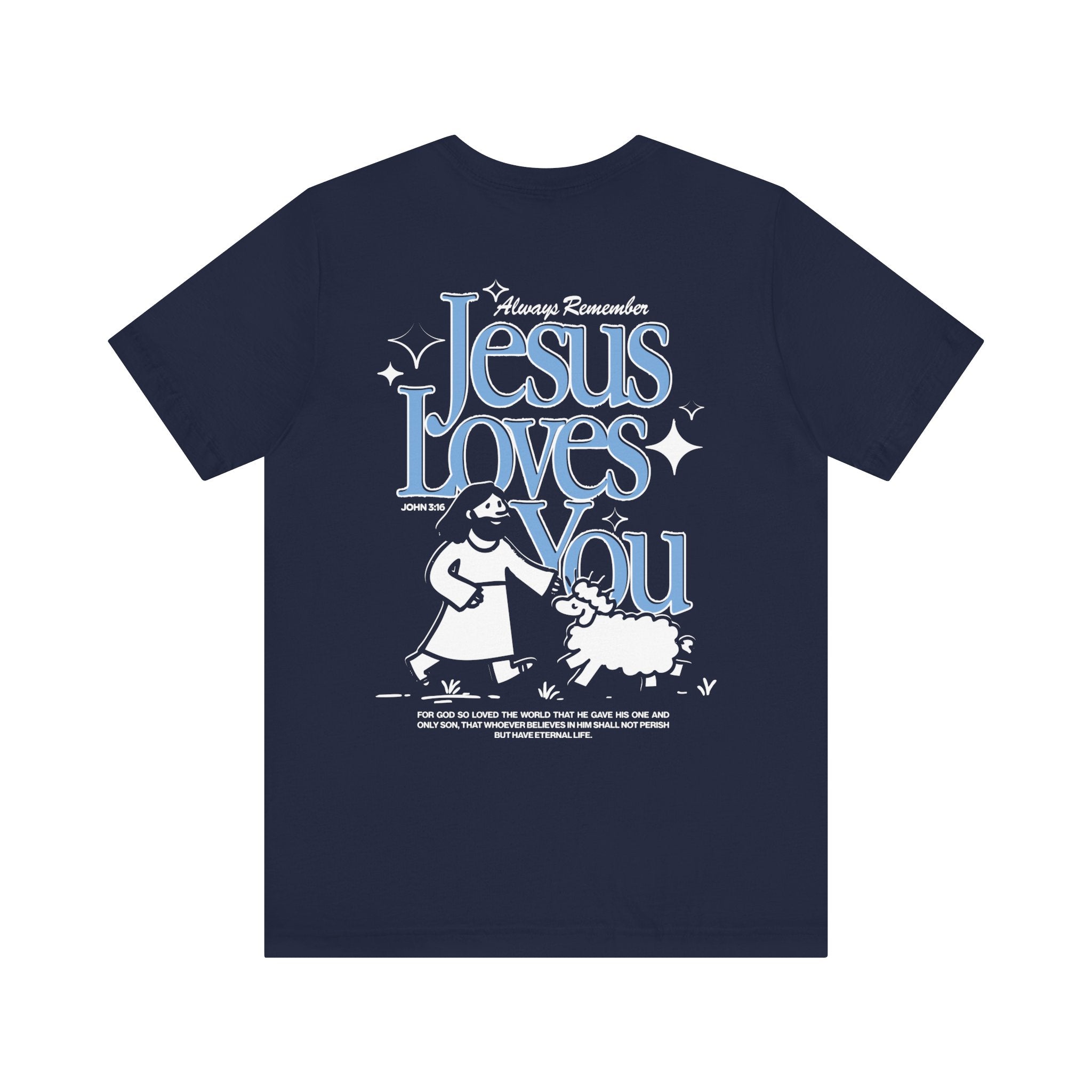 Jesus Loves You John 3:16 Navy Blue Back View Divinely Good Christian Faith Based Apparel 