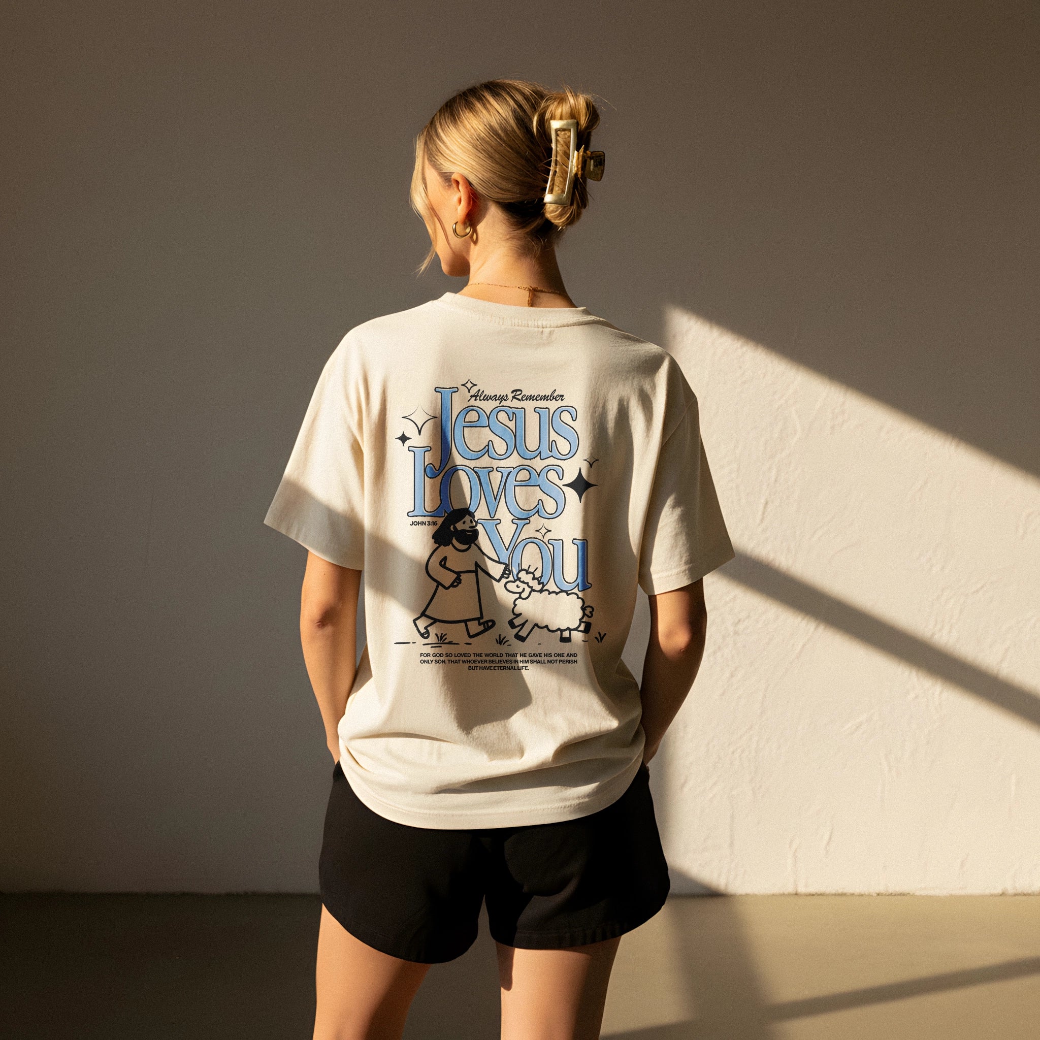 Jesus Loves You Women's T-shirt Natural Color Back View Divinely Good Christian Faith Based Apparel 