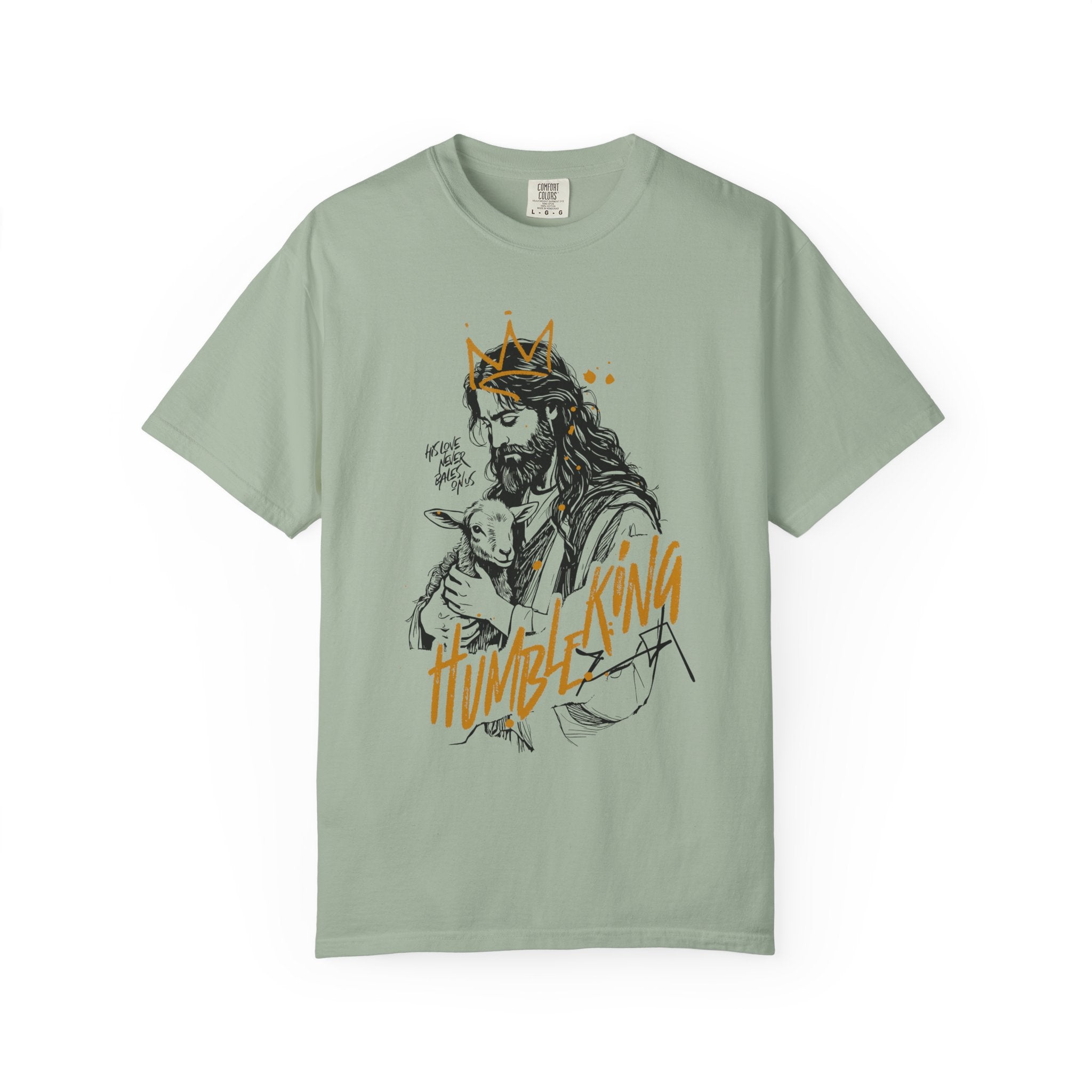 Jesus The Humble King Unisex Bay T-Shirt Front View Divinely Good Christian Faith Based Apparel