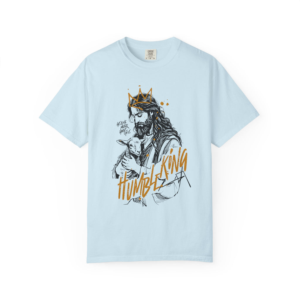 Jesus The Humble King Unisex Chambray T-Shirt Front View Divinely Good Christian Faith Based Apparel 