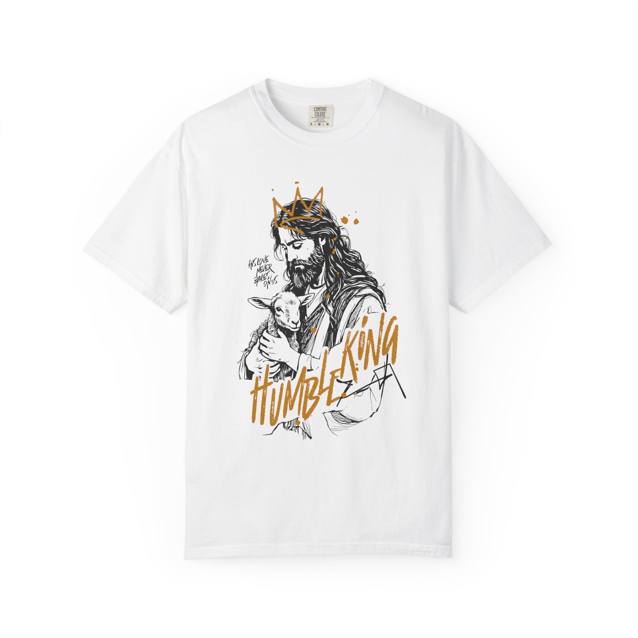 Jesus The Humble King Unisex White T-Shirt Front View Divinely Good Christian Faith Based Apparel