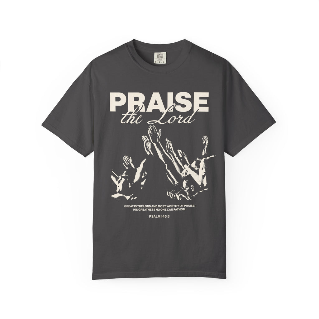 Praise the Lord Graphite Color T-shirt  Front View Divinely Good Faith Based Christian Apparel 
