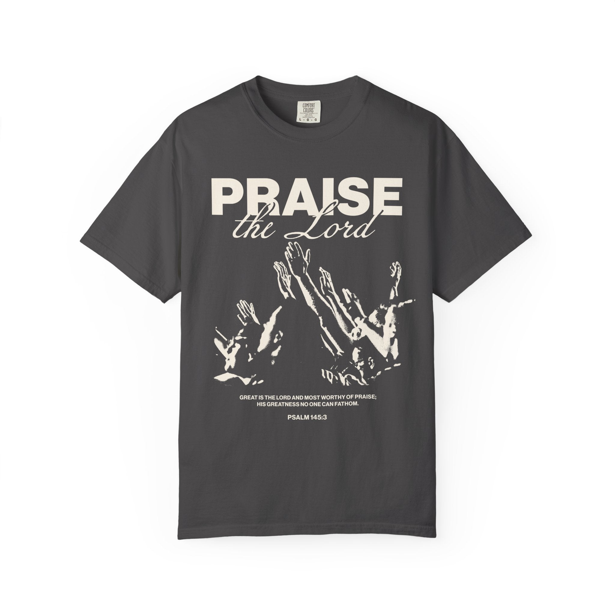 Praise the Lord Graphite Color T-shirt  Front View Divinely Good Faith Based Christian Apparel 