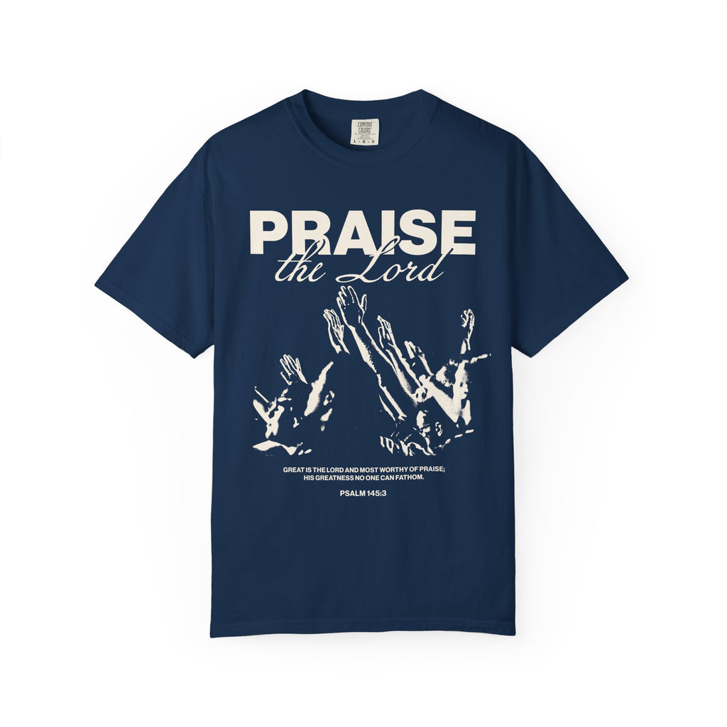 Praise the Lord Graphite Navy T-shirt  Front View Divinely Good Faith Based Christian Apparel 