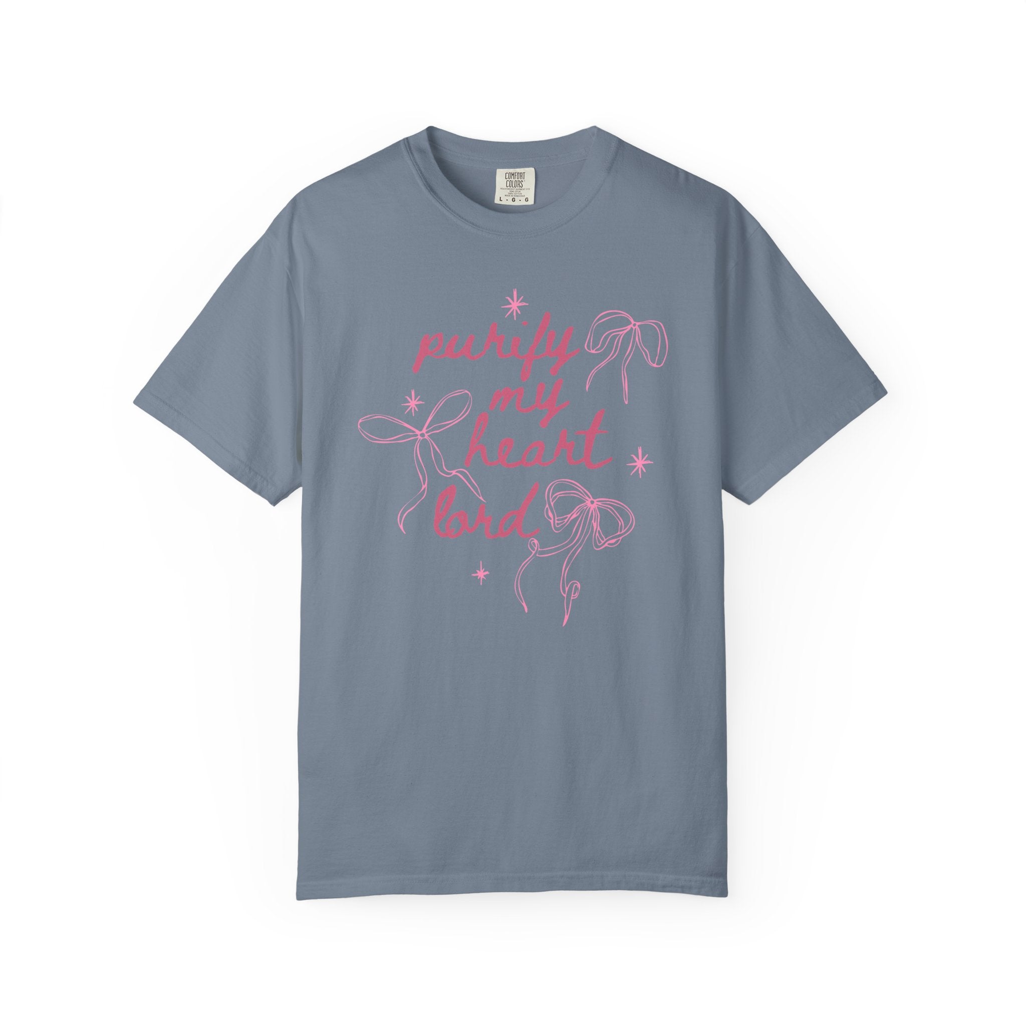Purify My Heart Lord Blue Jean T-shirt Front View  Divinely Good Christian Faith Based Apparel