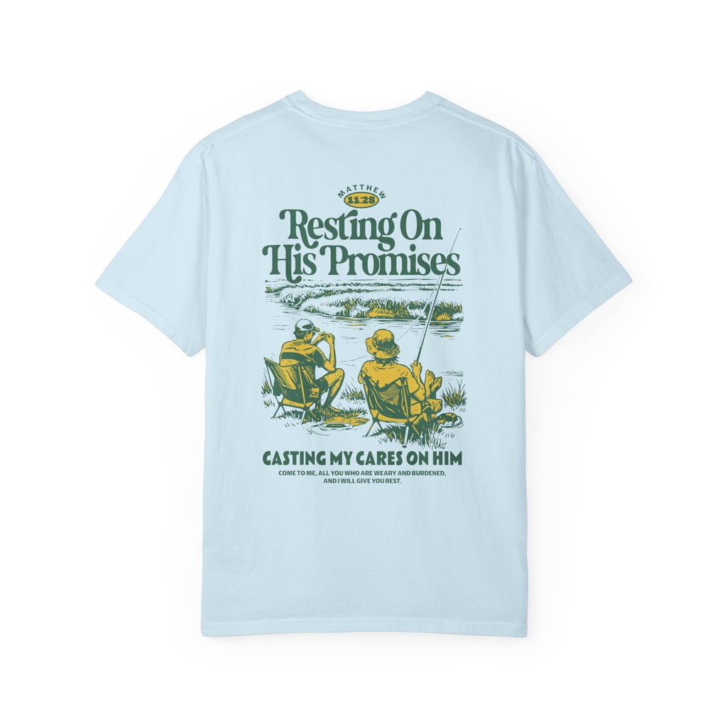 Resting On His Promises Unisex Chambray Color T-shirt Front View Divinely Good Christian Apparel