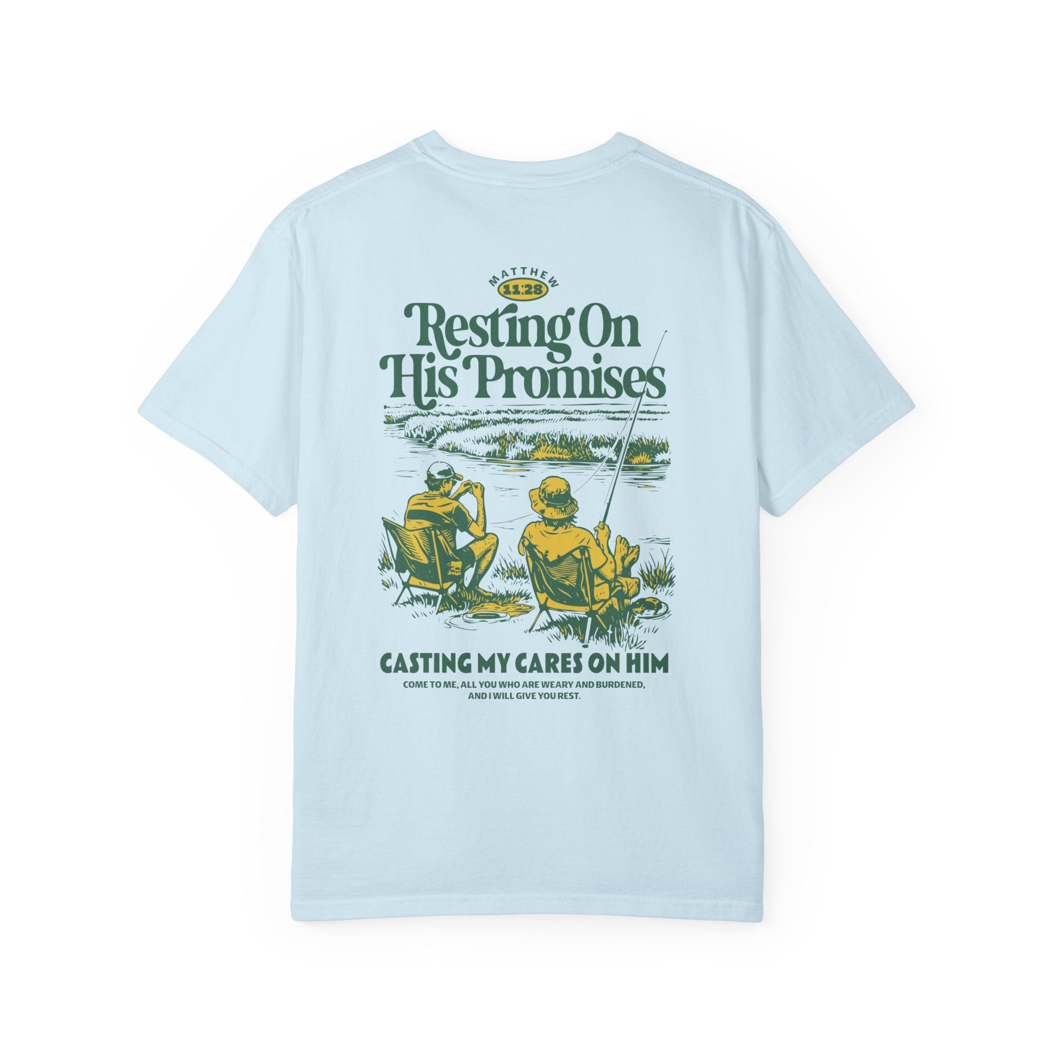 Resting On His Promises Unisex Chambray Color T-shirt Front View Divinely Good Christian Apparel