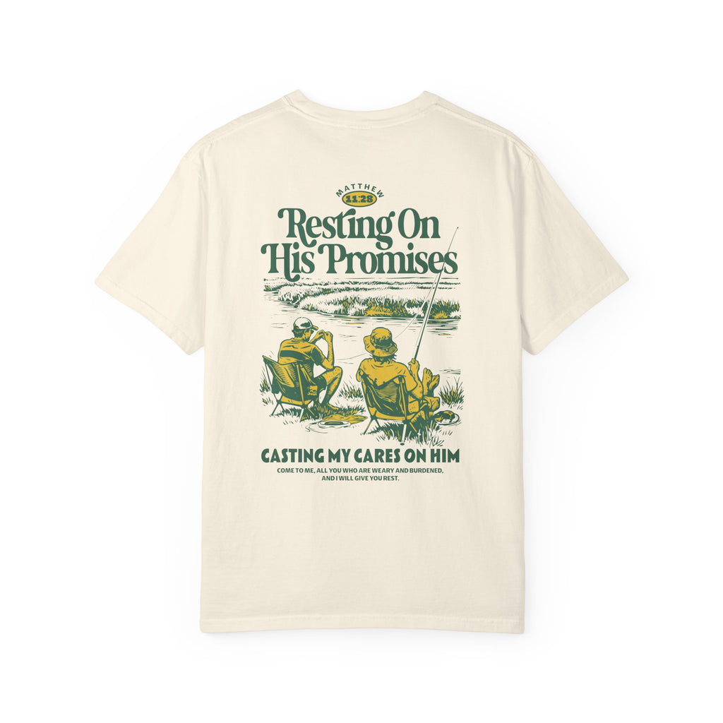 Resting On His Promises Unisex Ivory Color T-shirt. Front View. Divinely Good Christian Apparel