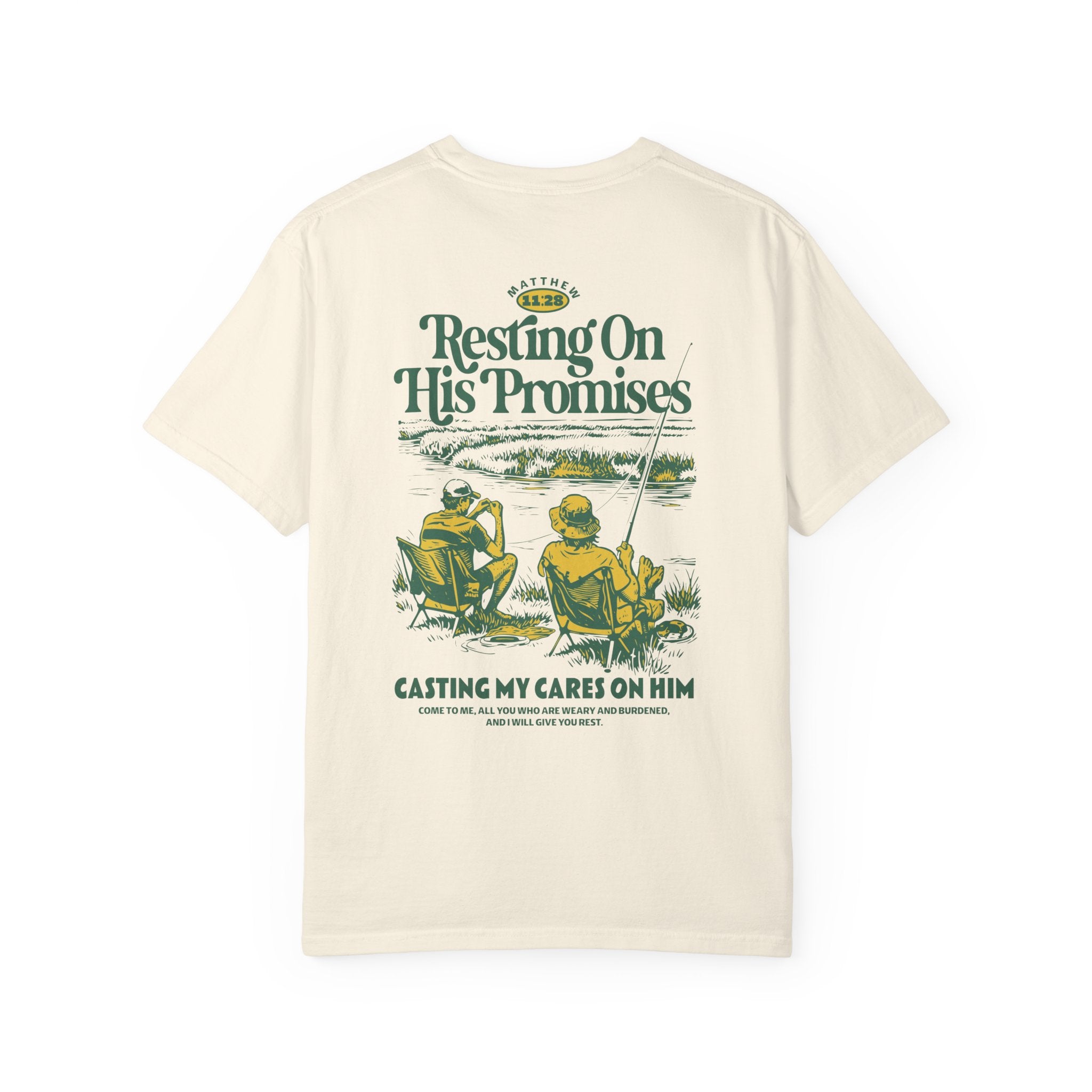 Resting On His Promises Unisex Ivory Color T-shirt. Front View. Divinely Good Christian Apparel