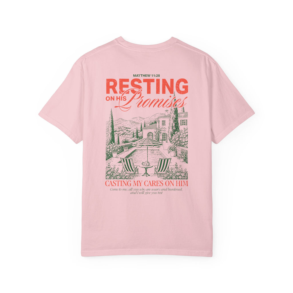 Resting on his promises Christian t-shirt for women Blossom Color faith-based apparel from Divinely Good 
