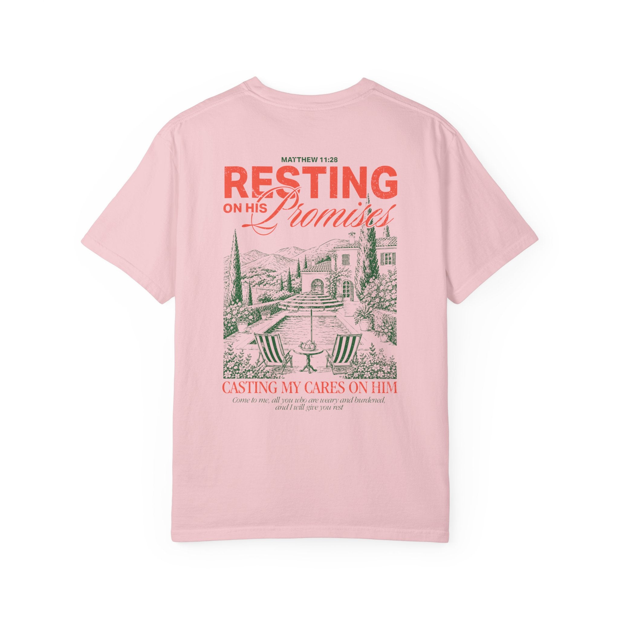 Resting on his promises Christian t-shirt for women Blossom Color faith-based apparel from Divinely Good 
