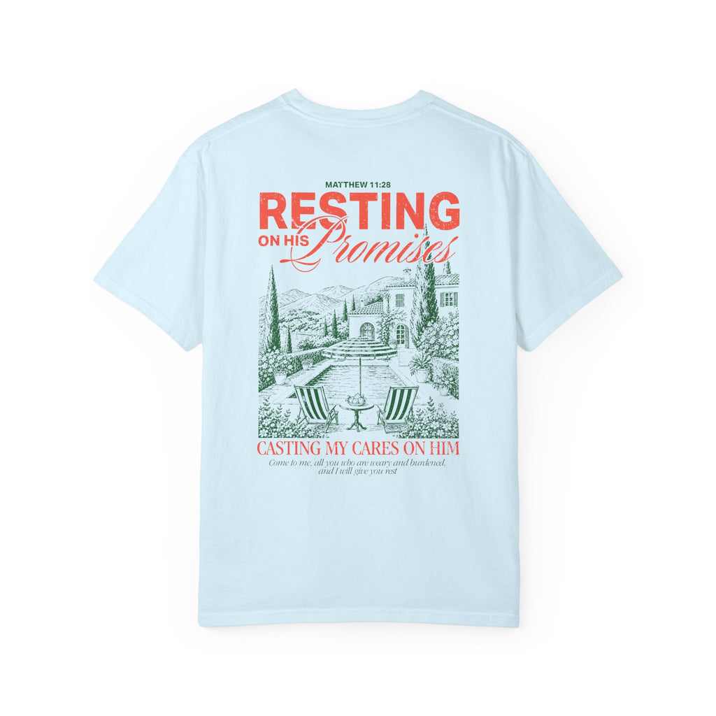 Resting on his promises Christian t-shirt for women Chambray Color faith-based apparel from Divinely Good 
