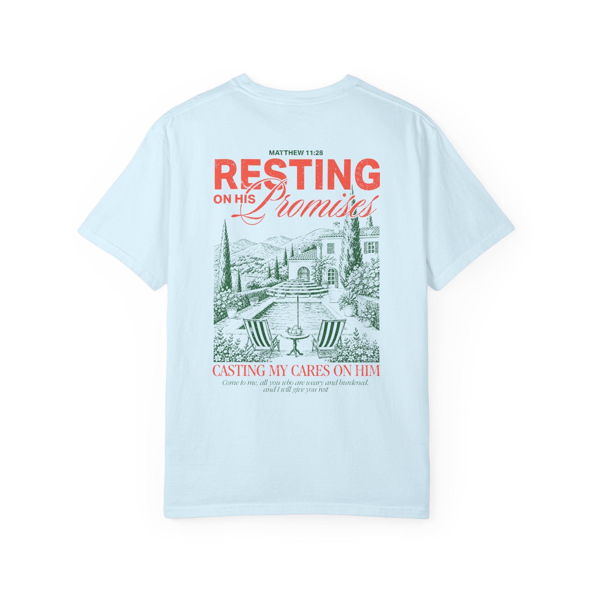 Resting on his promises Christian t-shirt for women Chambray Color faith-based apparel from Divinely Good 
